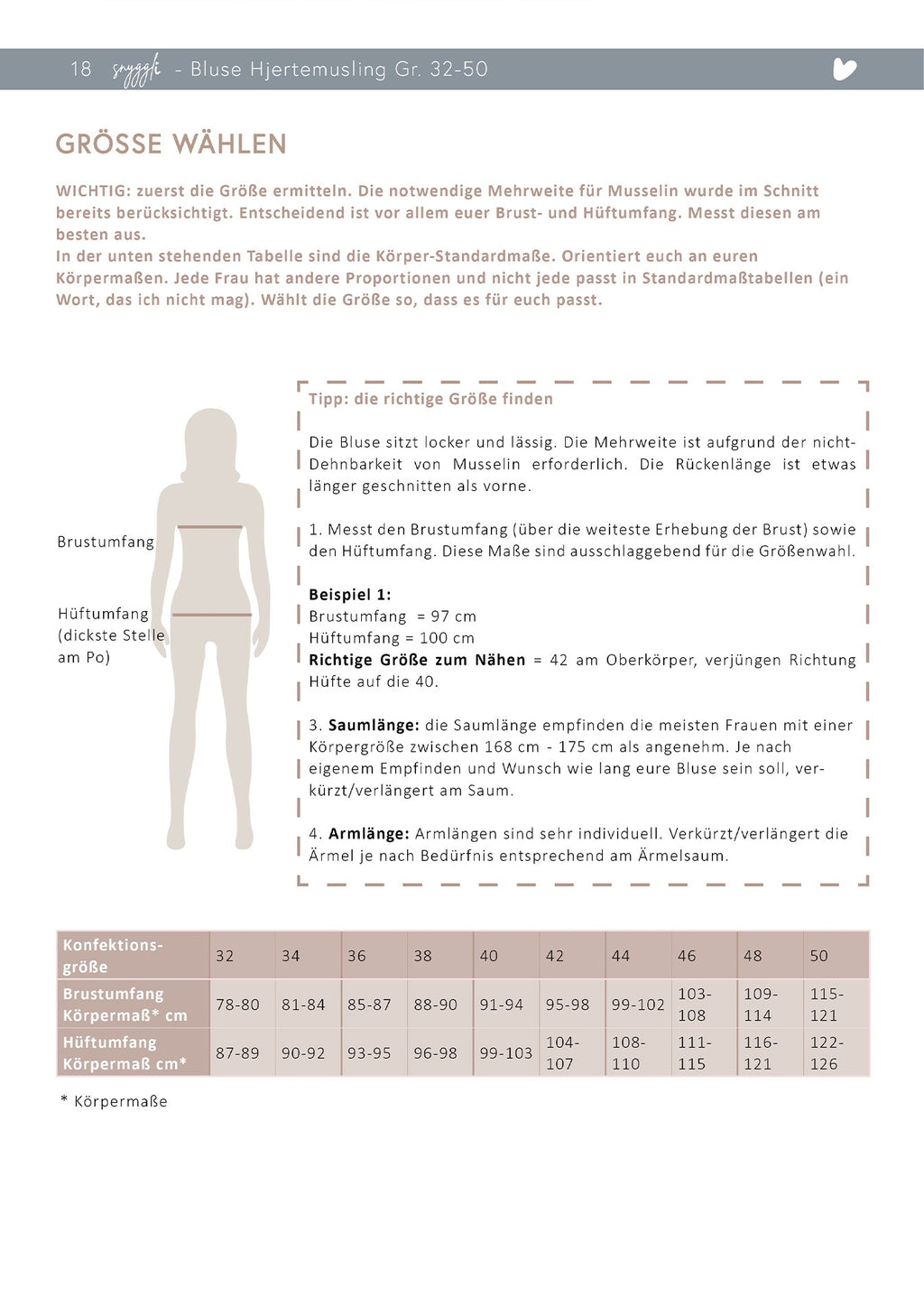 Snyggli-Musselin-Bluse-Hjertemusling-Damen-Gr-32-50-Schnittmuster-Maßtabelle