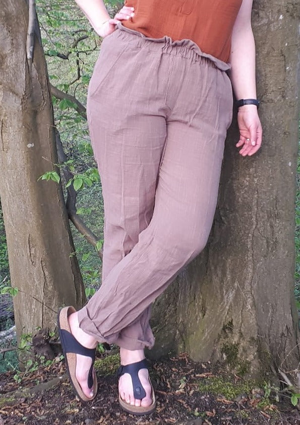 Snyggli-Musselin-Hose-Strandmusling-Schnittmuster-Leinen-Damen-high-waist--Sommer-Gr-32-50-Damen-paperbag-beige