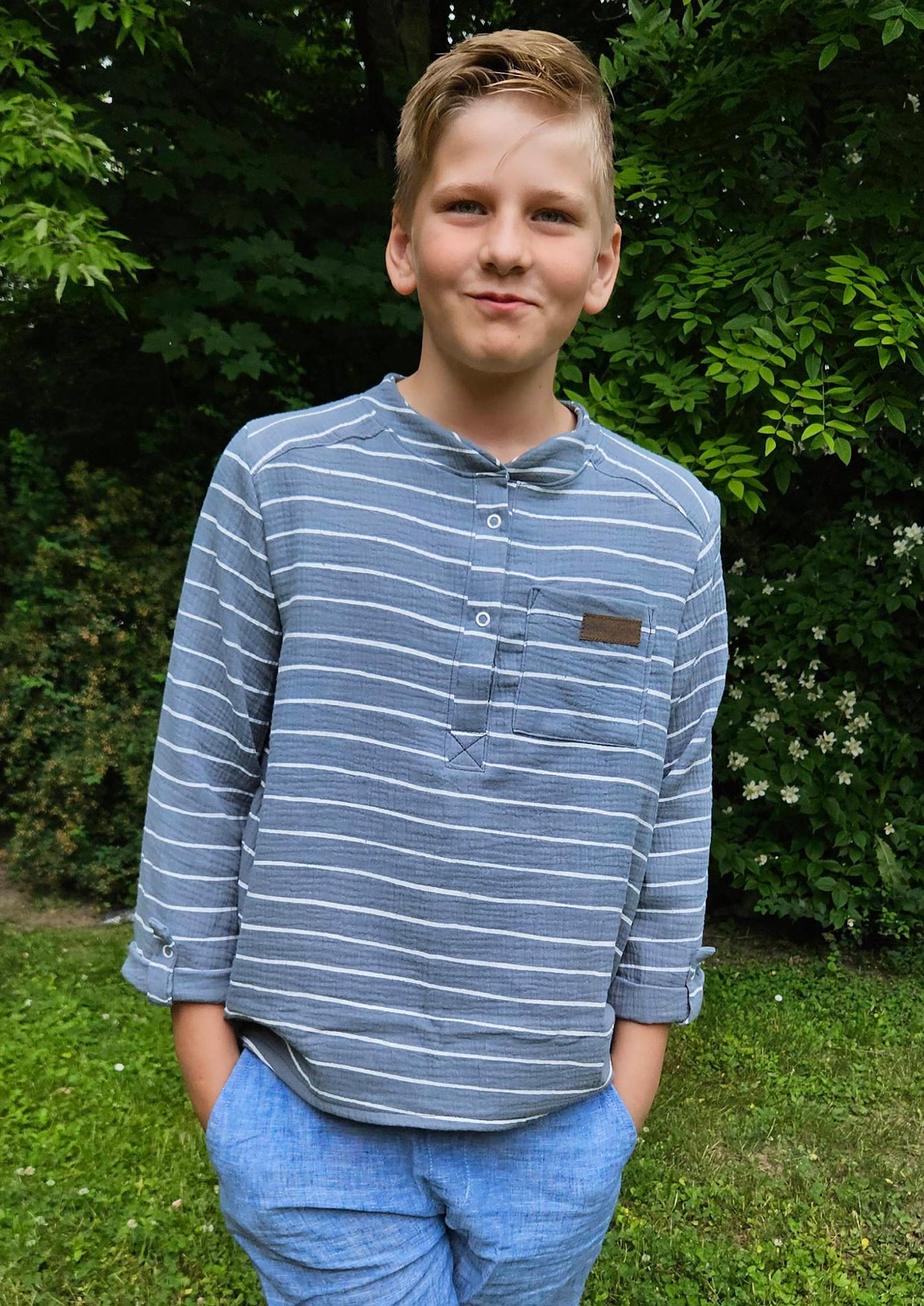 Snyggli-Musselin-Leinenhemd-Lunmusling-Schnittmuster-Ebook-Junge-Mädchen-Babys-Kinder-Gr-56-170-Streifen-junge