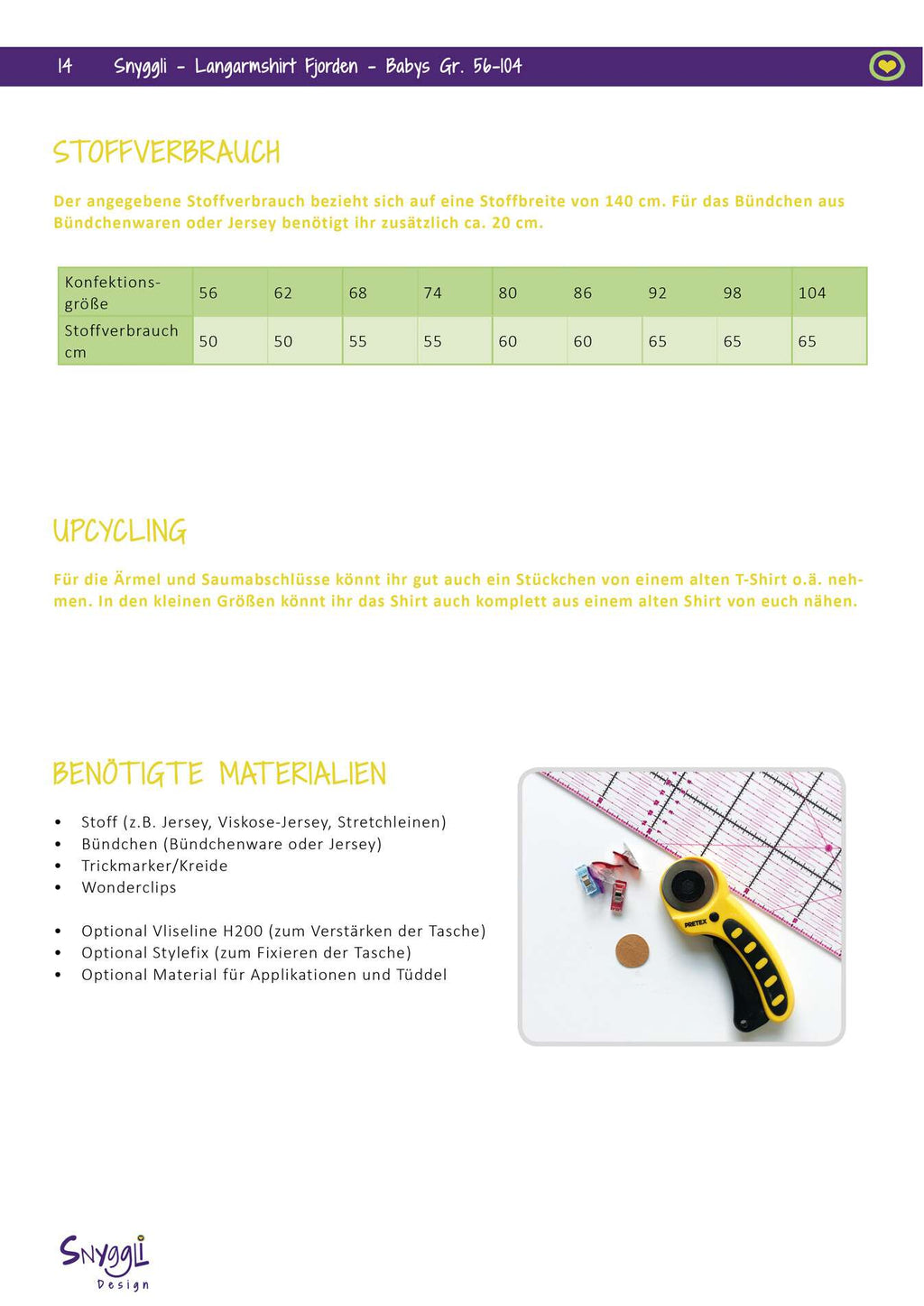 Snyggli Schnittmuster Langarmshirt Fjorden_Stoffverbrauch