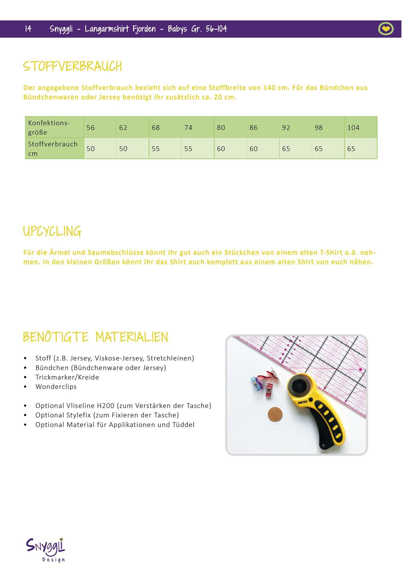 Snyggli Schnittmuster Langarmshirt Fjorden_Stoffverbrauch