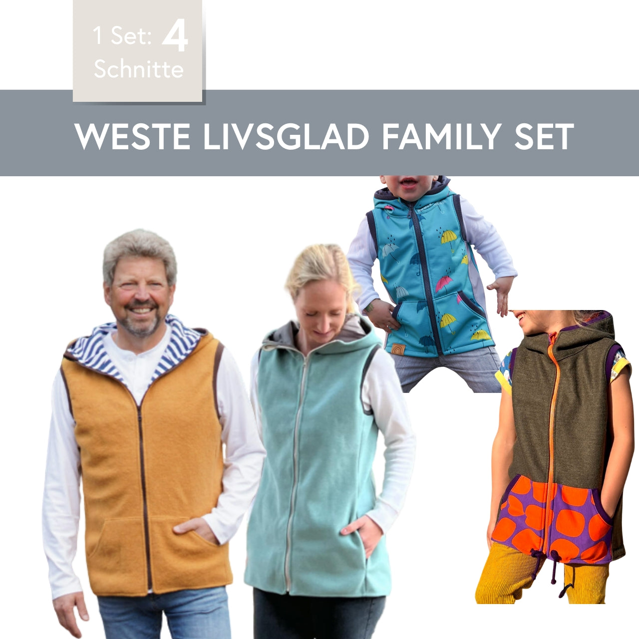 Snyggli Schnittmuster Weste Livsglad Damen Herren Kinder Babys Family Set nähen
