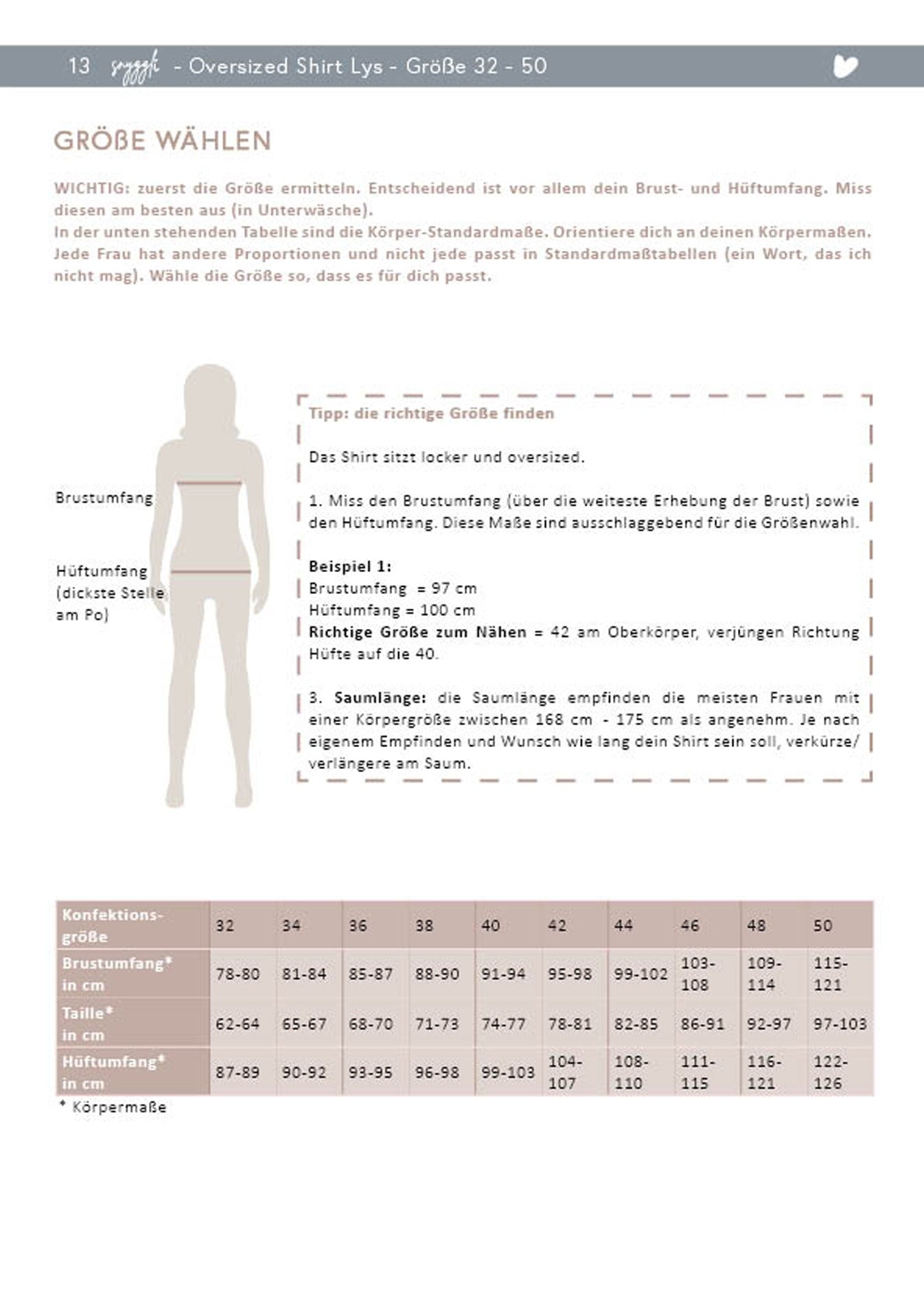 Snyggli-Schnittmuster-oversized-shirt-lys-damen-nähen-tshirt-größe-32-50-pattern-sewing-women-Maßtabelle